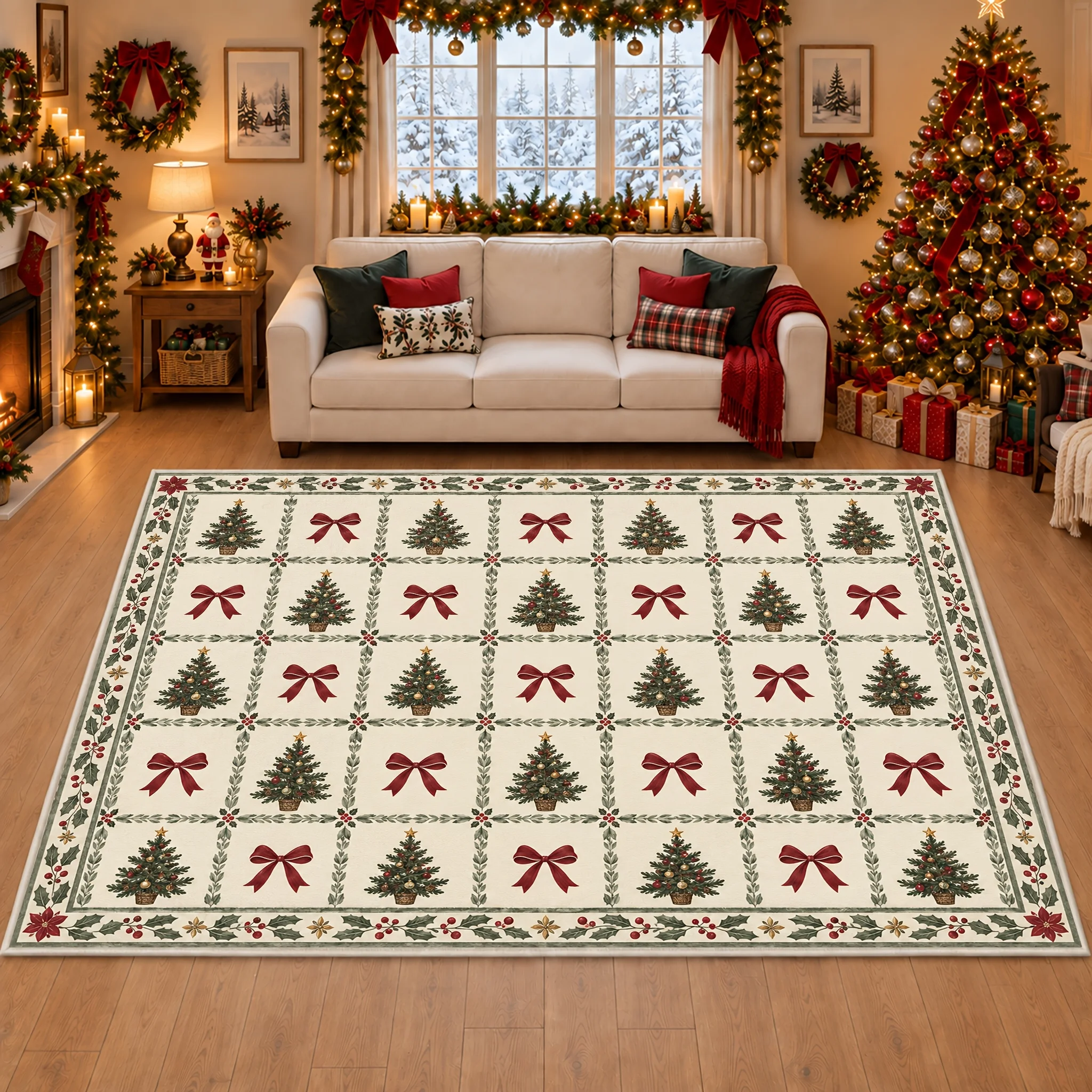 1pc Christmas Tree Red Bow Grid Area Rug, 2D Flat Print, Indoor Floor Mat for Living Room, Xmas Home Decor