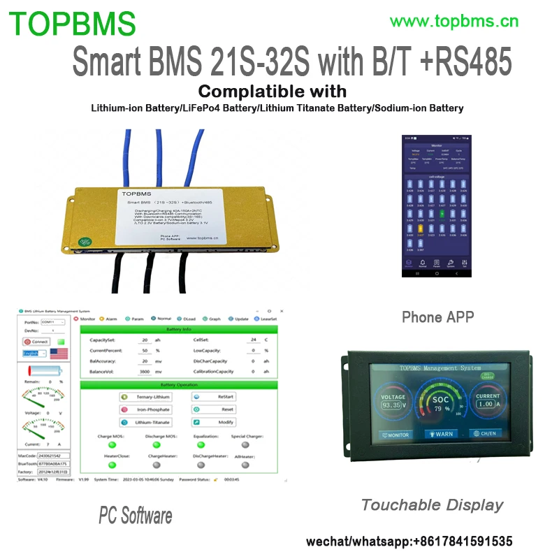 TOPBMS 21S -32S BMS Bluetooth RS485 40A 60A 80A 100A 150A Li-ion NMC Battery Lifepo4Battery LTO Battery Sodium-Ion Battery