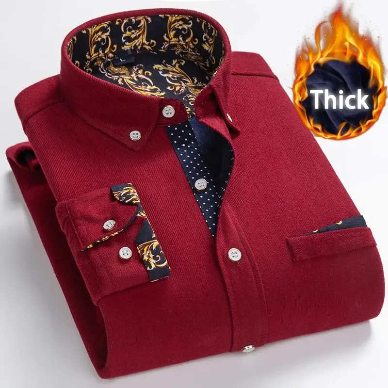 Men's Winter Thick Velvet Dress Shirt Casual Long Sleeve Warm  Neck Special Wide Fit Fleece Lined Autumn Fashion