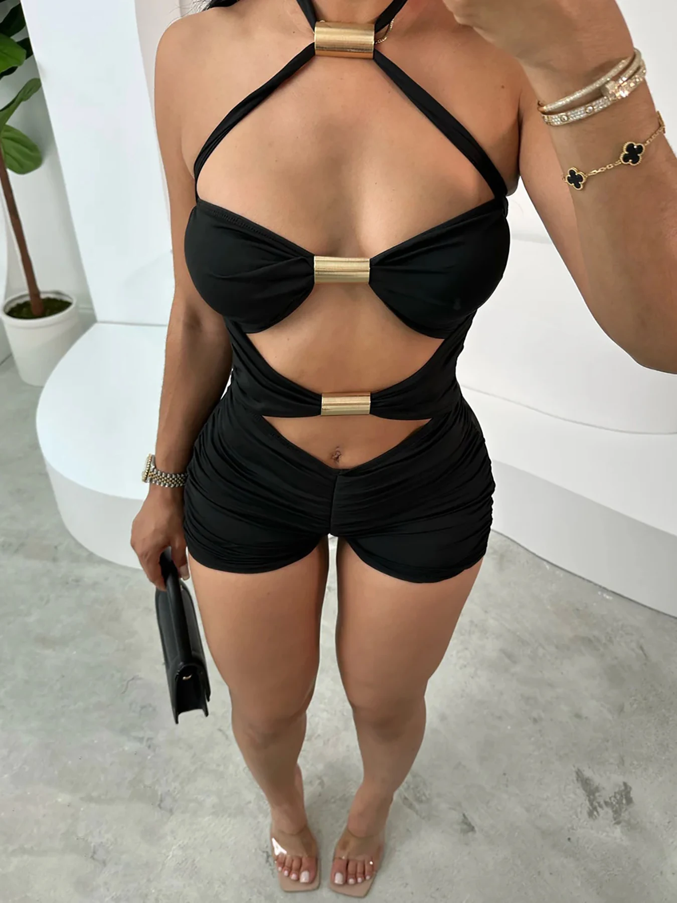 المرأة شخصية جوفاء أنبوب معدني الربط التباين اللون Bowknot الرسن الرقبة بذلة السراويل