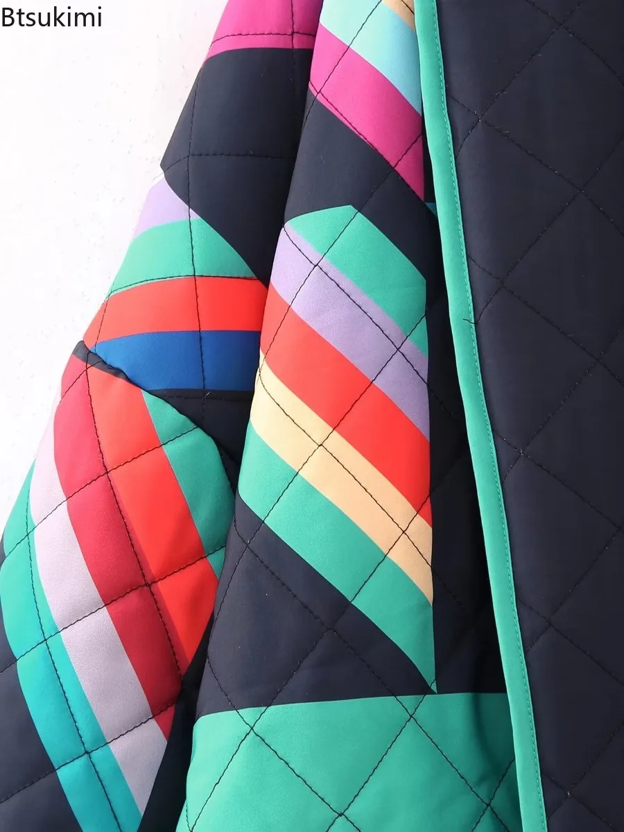 Women Autumn Winter Casual Parka 2025 Fashion Geometric Print Spliced Jacket Vintage Lapel Cardigan Cotton Jacket Thermal Tops