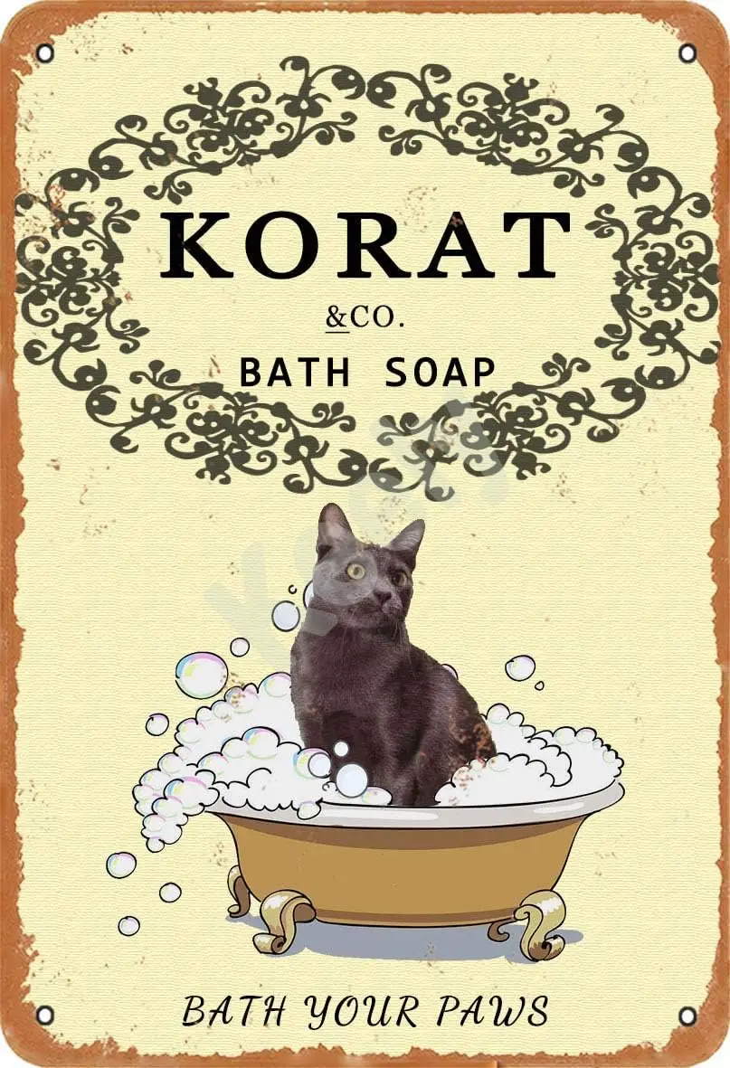 Letrero decorativo de metal vintage con diseño de jabón de baño para gatos Korat, 12x8 pulgadas, para cafeterías, bares, restaurantes, pubs, decoración de la cueva del hombre