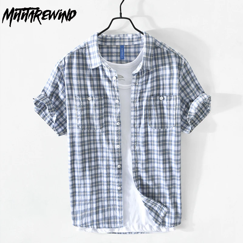 

Japanese Plaid Shirts for Men Summer 100% Cotton Short Sleeve Casual Shirts Double Pockets Brushed Shirt Comfortable Mens Tops