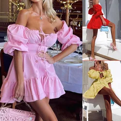 Sexy Tube Top Backless Puff Sleeves Nightclub Mini Dress Solid Color Cascading Ruffles A-line Skirt Ladies Elegant Party Dresses