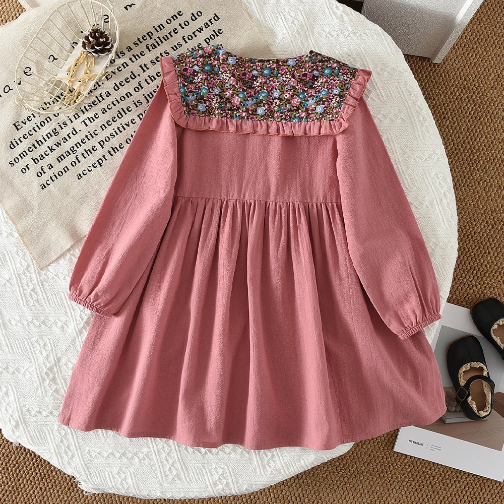 2-6 Years Old Spring and Autumn Fashion Retro Red Kids Dresses for Girls Korean Version Floral Lapel Long Sleeved Dress