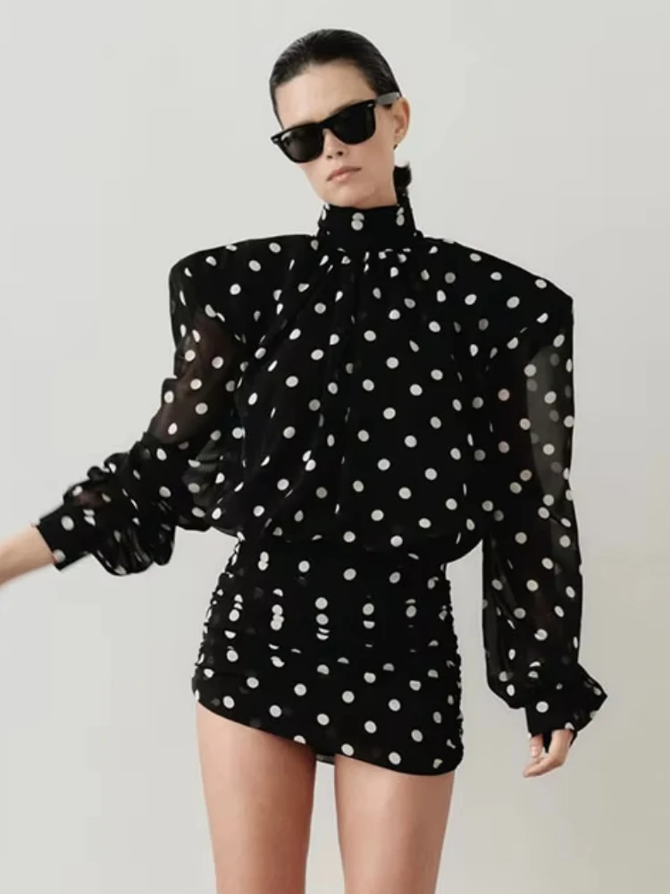 Minivestido con cuello de tortuga para mujer, con manga larga, estampado de lunares, ceñido a la cadera y melocotón, elegante Bodycon