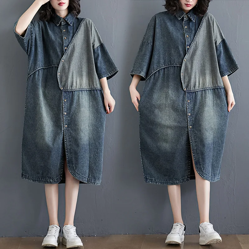 

Джинсовая одежда Waed в стиле пэчворк с воротником-стойкой irt Dr, женская одежда больших размеров, платье на пуговицах в стиле п’ять четвертей