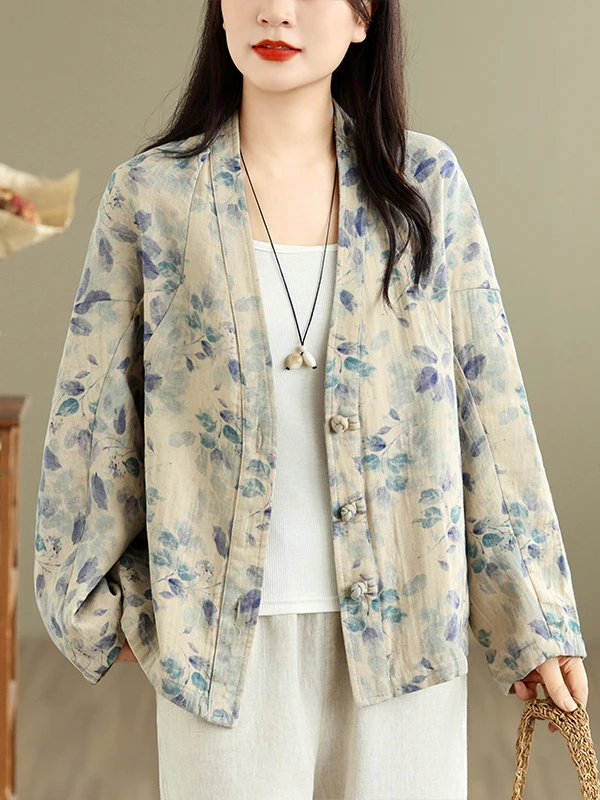 Autumn 2026 Women's Cotton Outerwear Double Layer Diagonal Print Buttoned Chinese Style Floral Patterned Short Coat