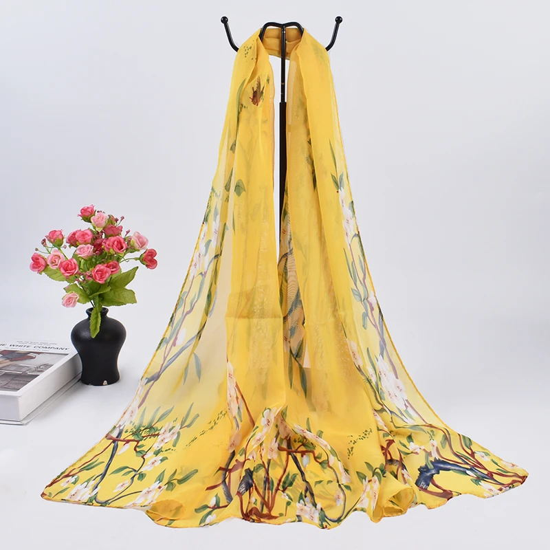 New Fresh Spring Peach Blossom Printed Chiffon Women\'s Long Scarves Wholesale Thin Sun Protection Women\'s Scarves