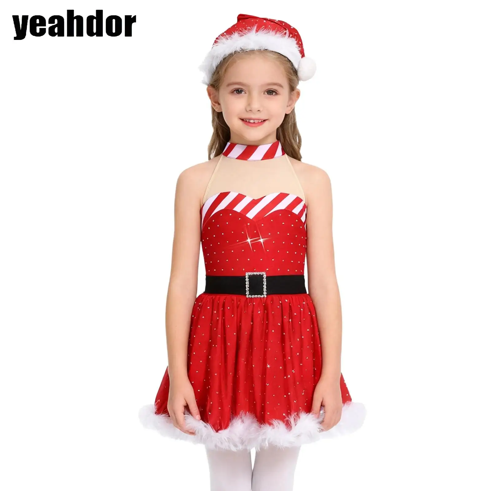 

Girls Christmas Dance Costume Rhinestones Candy Cane Striped Ballet Tutu Dance Dress Sleeveless Mesh Leotard Dress +Hat New Year
