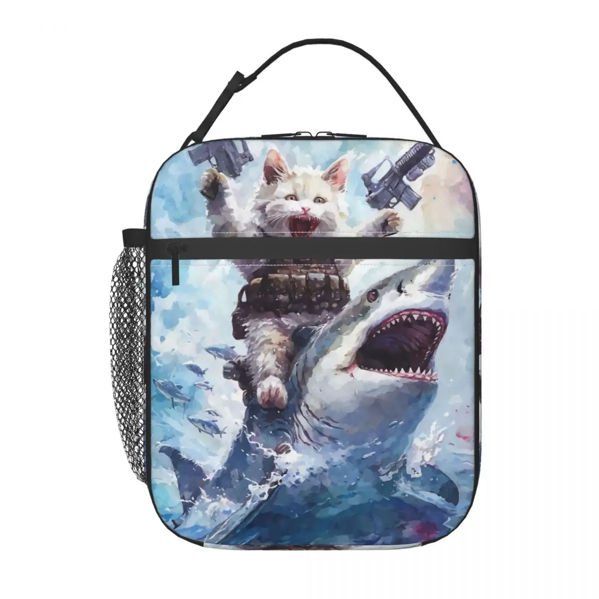 

Термосумка для обедов с рисунком кота, ездящего на акуле, для женщин и детей, портативный контейнер для еды, термосумка-тоут