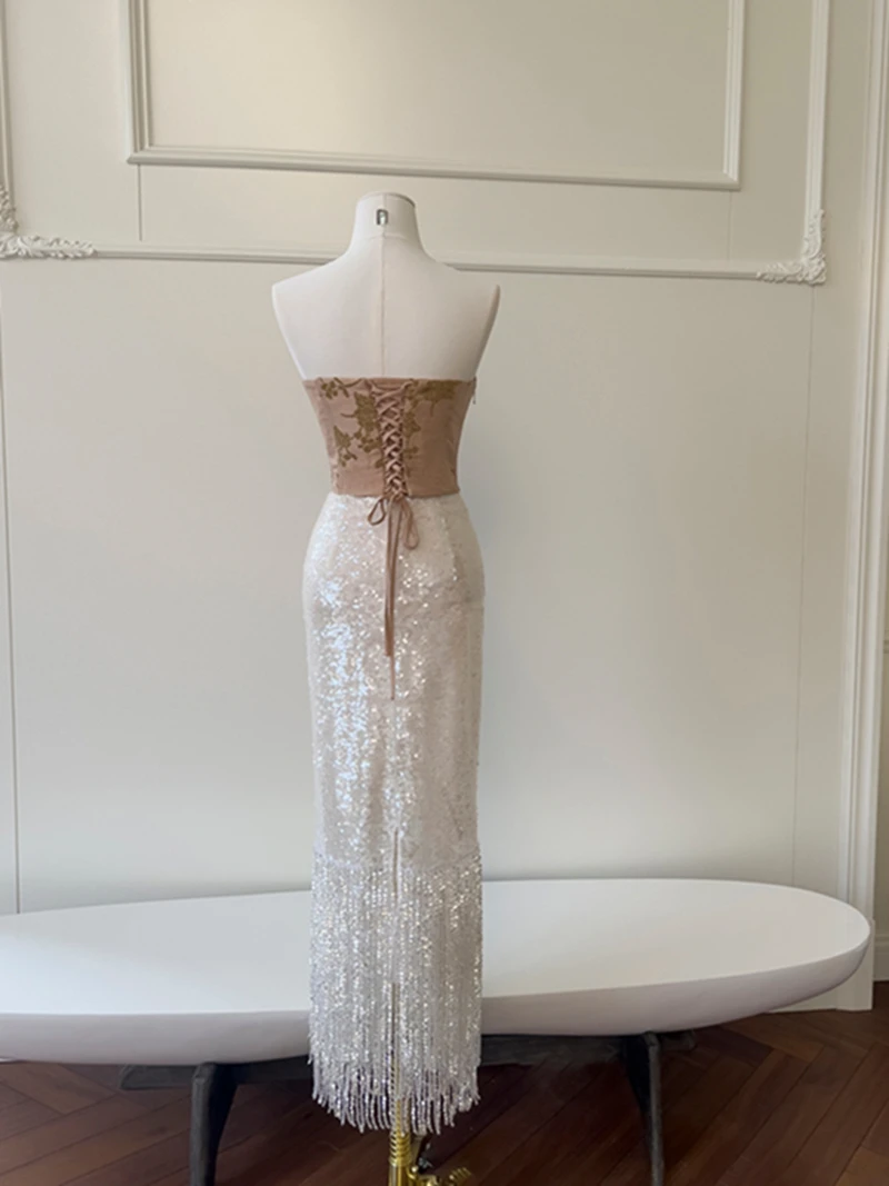 Ele Hoge Taille Slim Fit Kwastje Trim ter Ne Tweedelige Set Faion Klassieke Midi Rok Met Pailletten Sexy Chique Amber Top