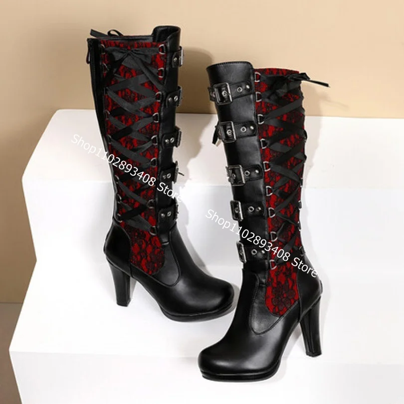 Round Toe Lace Narrow Band Boots Back Zipper Thick High Heels Women Autumn Fashion Buckle Decor Boots 2023 Zapatos Para Mujere