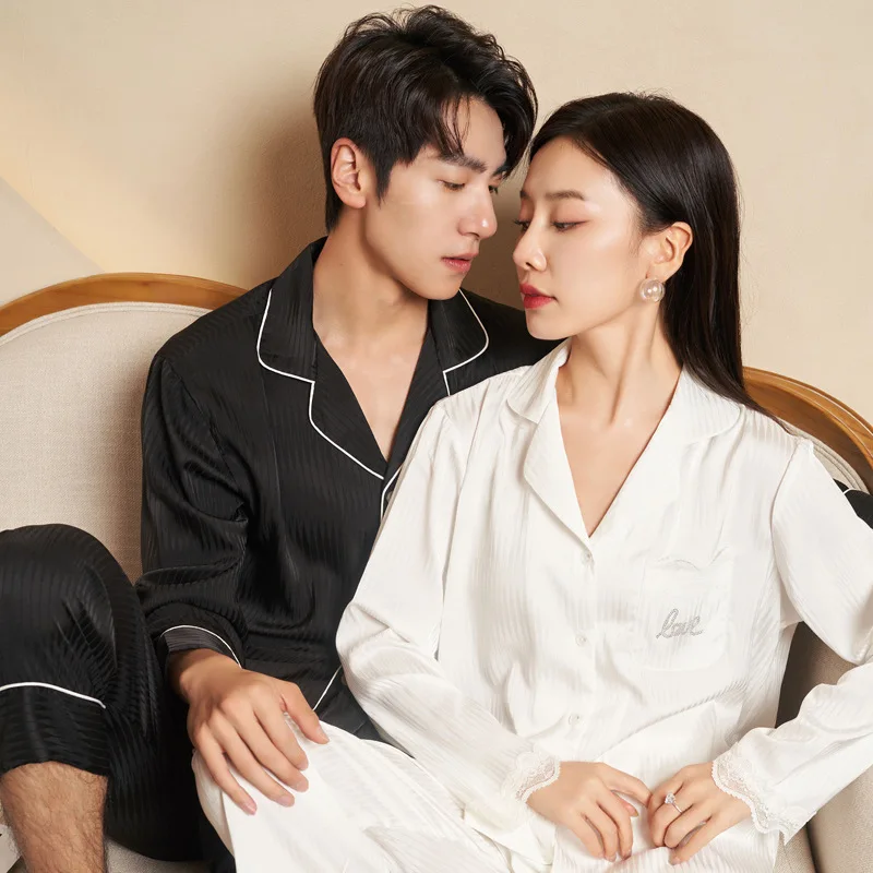 

Summer Couple Men Women Jacquard Stain Lapel Long Sleeve Pants Lovers Pajamas Pyjamas Homewear Can Be Worn Out Sleepwear