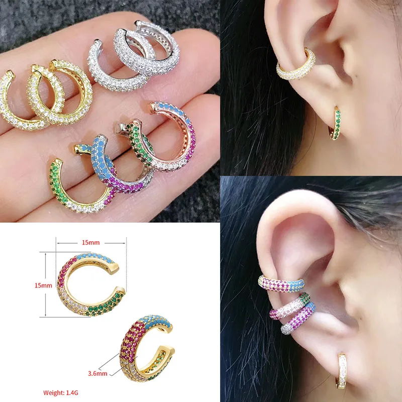 Single One Ear Clip on Earrings Cuff Star Heart Rivet Rainbow CZ Gold Silver Color Earring Jewelry Aretes Non Pierced Earing