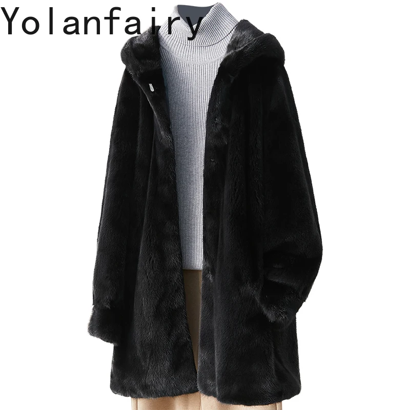 YOLANFAIRY Echt Bont Jas Vrouw Natuurlijke Hele Nertsen Bontjas Vrouwen Kleding Herfst Winter Mid-lengte Capuchon Bontjassen outwears