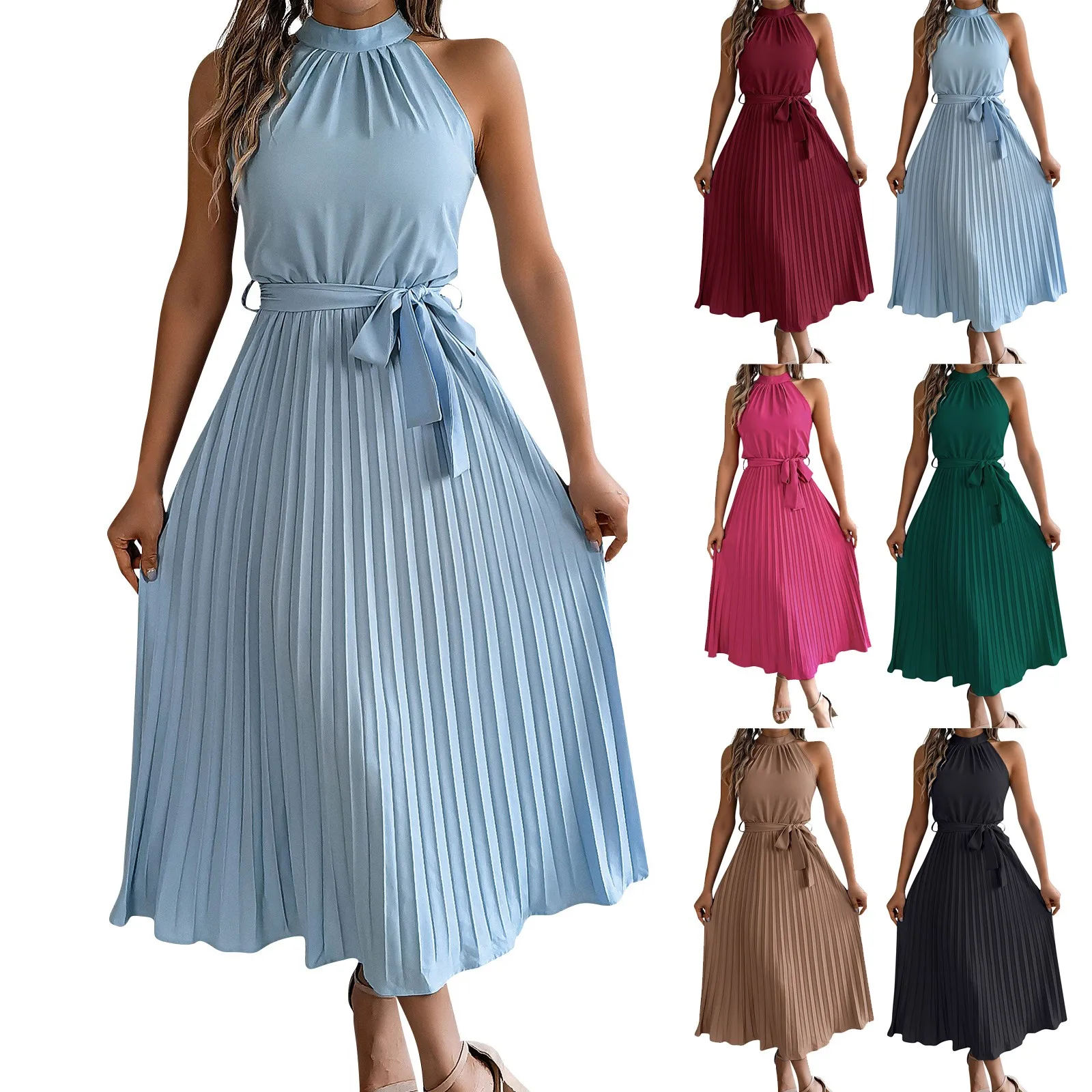 Women'S Versatile Daily Dress Women'S Fashion Retro Solid Color Dress Sleeveless Waist Pleated Skirt Stand Collar Pullover Dress