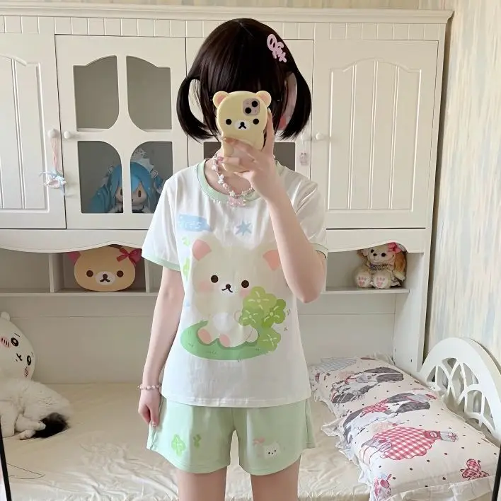 Japanese Subculture Four-leaf Clover Cartoon Short-sleeved T-shirt for Women Summer Loose All Match Sweet Girl Graphic T Shirts