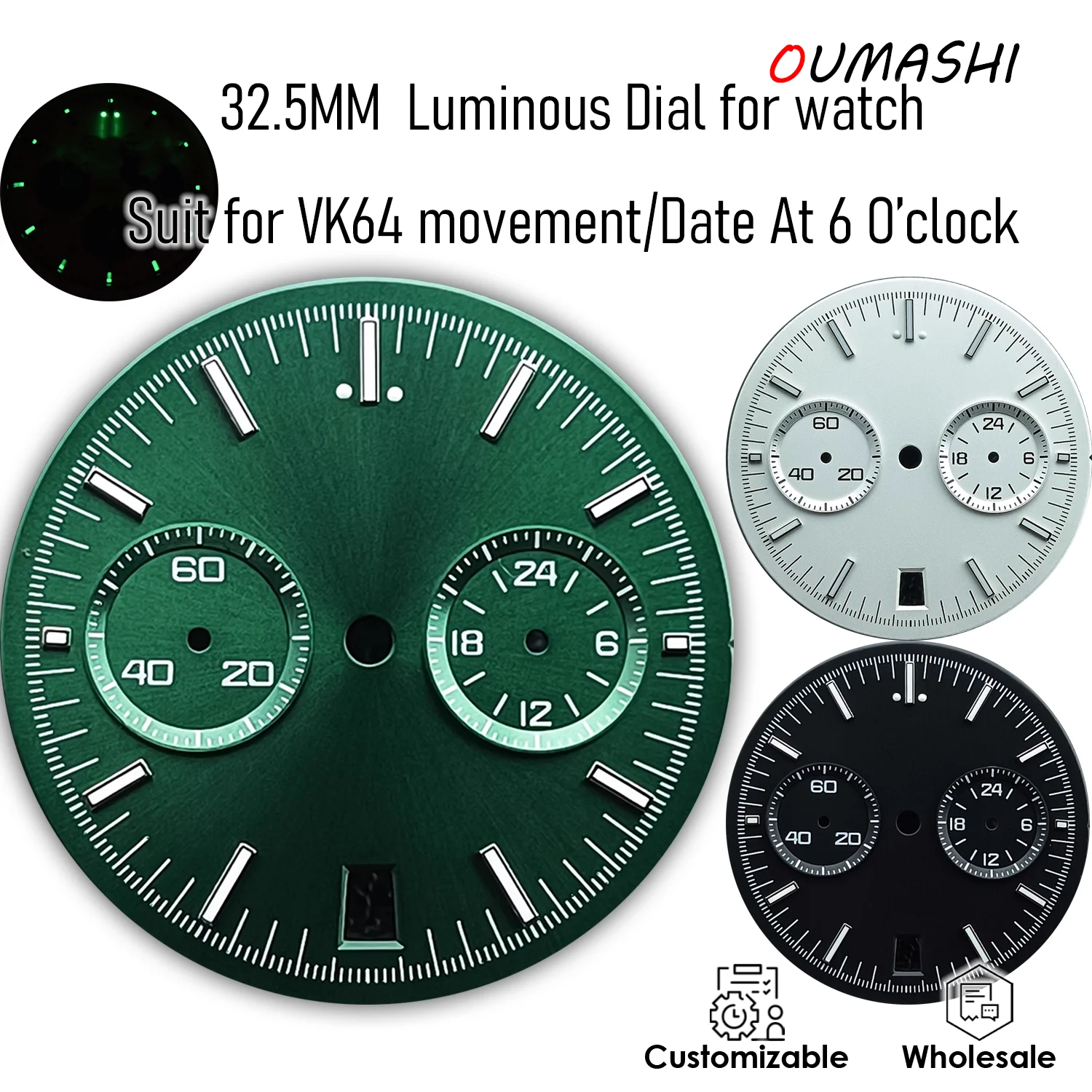 VK64 dial 32.5mm Dial Chronograph Luminous Date at 6 O'clock Watch Accessories Customizable Wholesale Watch Dial
