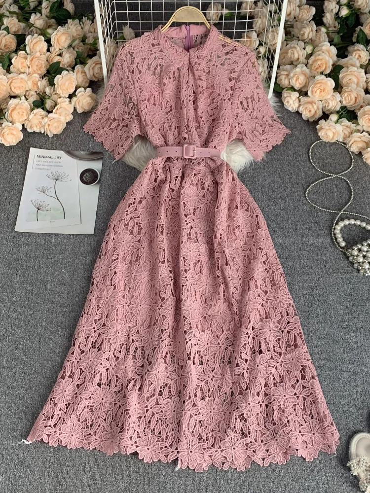 Women Elegant Round Neck Short Sleeve High Waist Slim A-line Dress Summer Hollowed Out Lace Ruffle Edge Party Vacation Midi Robe