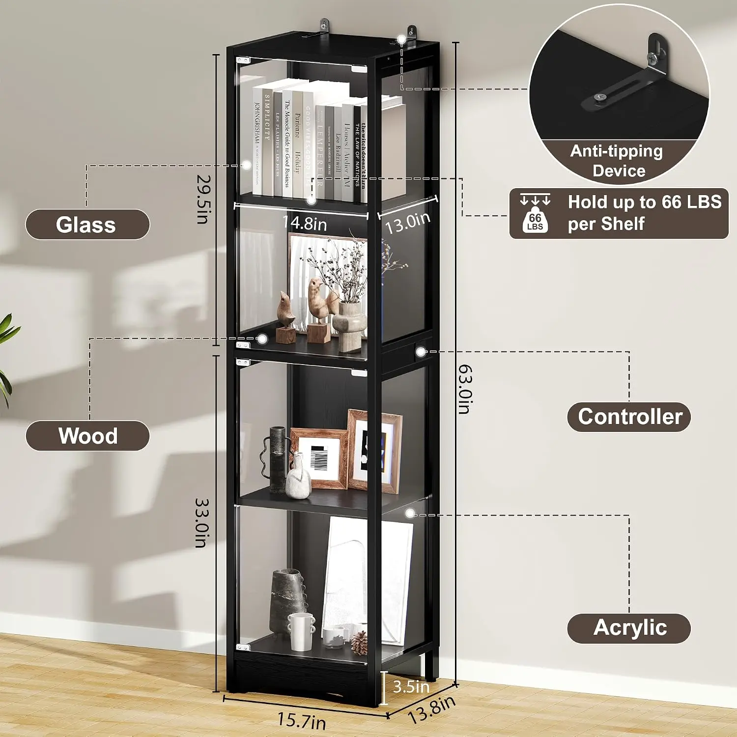 4-Tier Glass Door Display Cabinet with RGB Lights Human Body Sensor Corner Storage for Collectibles, Black, Customized