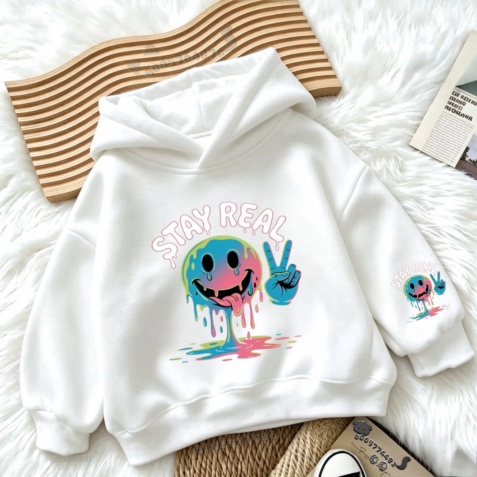 Kids Hoodie Melting Smiley Stay Real Letter Print Long Sleeve PulloverSweatshirtSoft Breathable Autumn Winter Casual Hooded Tops
