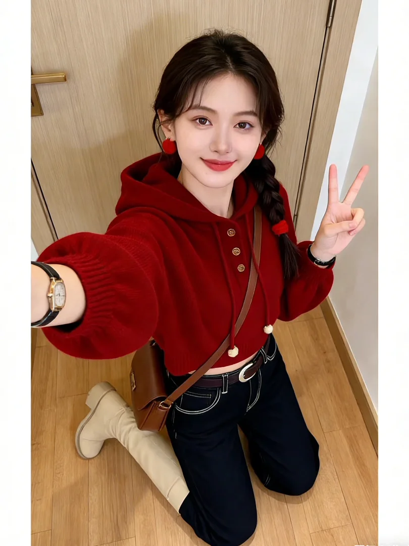 

Red Hoodie And Jeans Set Korean Sle Autumn Early Season Faionable Outfit High Waist Long Pants Loose Fit Adult Women's En...