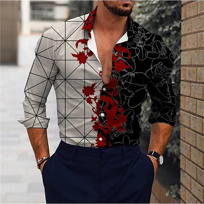 2023 Men\'s Ball Shirt Color Graphics Printing Decrease Gray 3D Printing Shirt Long Sleeve Button Fashion Design