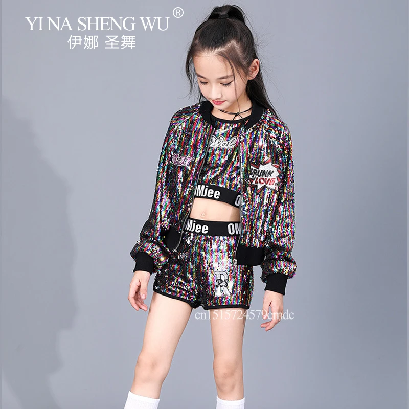 新しいジャズダンス衣装女の子カラフルなスパンコールシャイニングストリートダンスジャケットスーツ子供の日のファッションステージパフォーマンス衣装