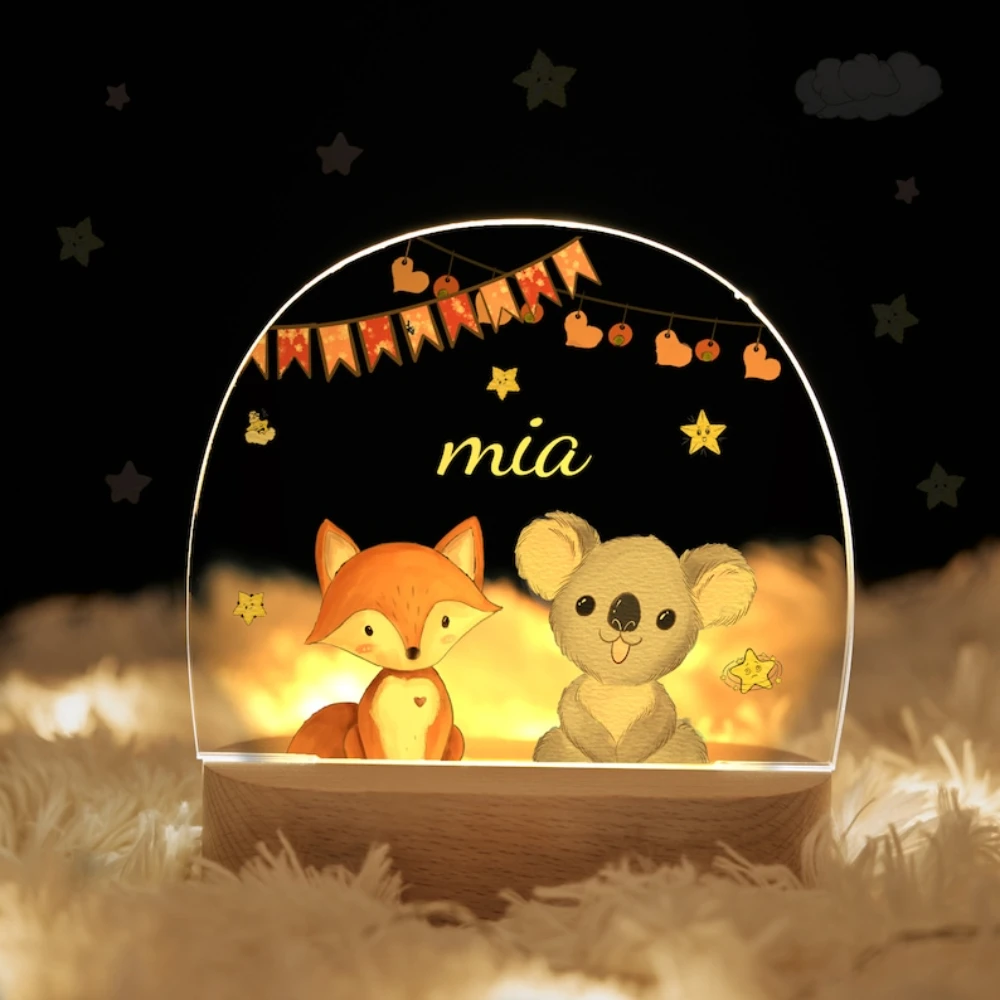 Luz nocturna de nacimiento personalizada para bebé, lámpara con Base de madera USB, nombre personalizado, Animal, elefante, jirafa, Decoración de mesa de dormitorio, arcoíris