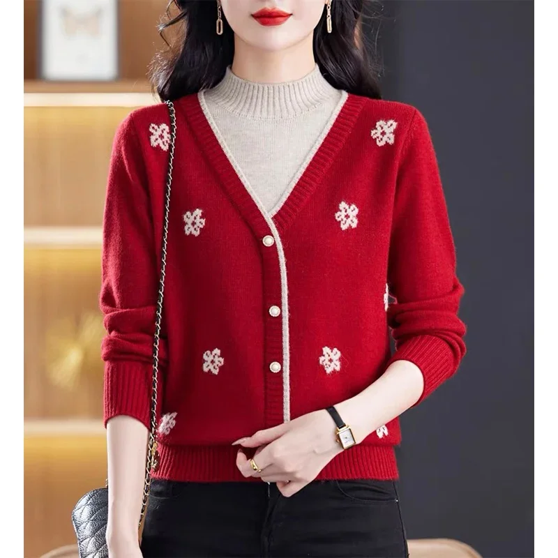 Autumn Winter Thickened Half High Collar Woolen Sweater Women\'s Knitted Pullover Jacquard Loose Fashion Elegant Soft Knitwear