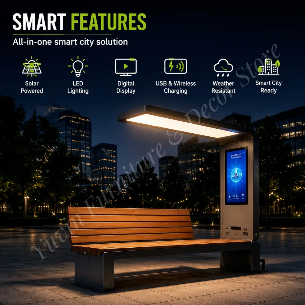 Smart Solar Outdoor Bench-LED Lighting Wireless & USB Charging Bluetooth Audio IP65 Waterproof for Parks & Hotels
