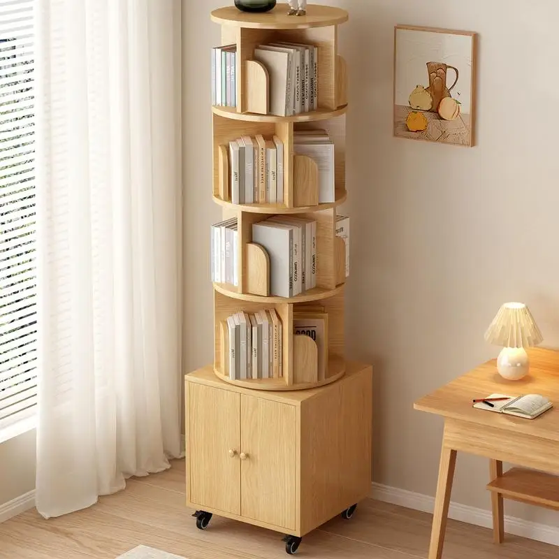 

360° Rotating 5-Tier Corner Bookcase with Drawer, Space-Saving Floor Standing Wood Organizer for Bedroom and Living Room