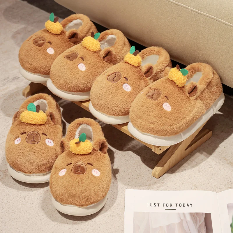 37-44 Cute Cartoon Capybara Cotton Slippers Full Wrap Heel Home Soft Non-slip Warm Breathable Indoor Plush Shoes Couple Slippers