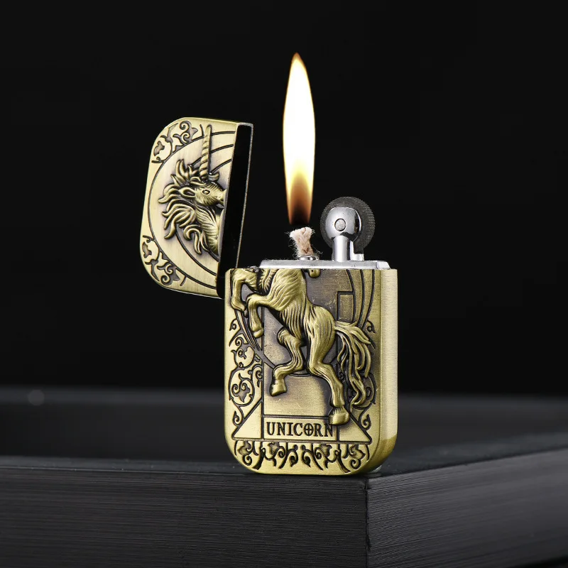 Elegant Open Flame Metal Embossed Mini Slim Portable Grinding Wheel Men's Lighter Multiple Patterns To Choose From