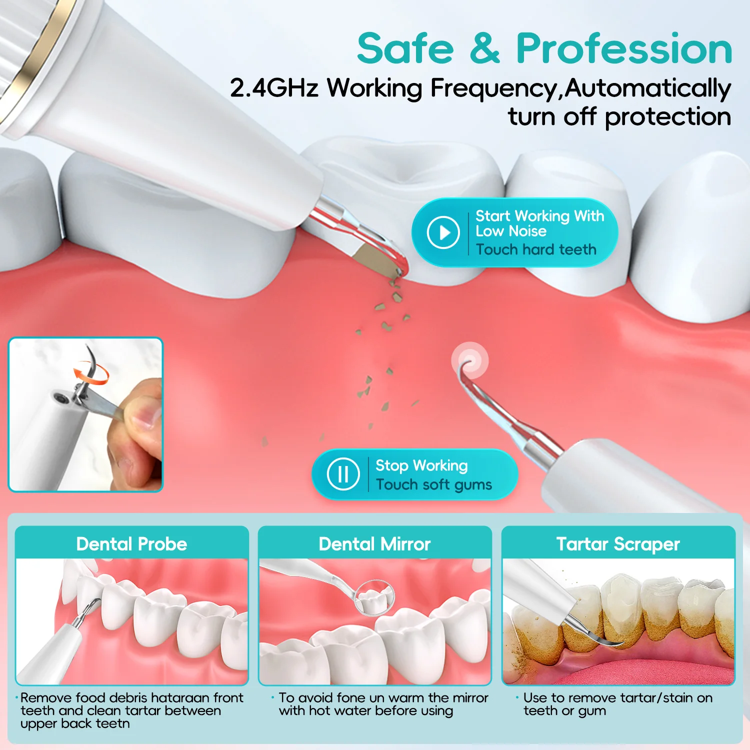 مزيل البلاك/الترار للأسنان، مجموعة تنظيف مزيل حساب التفاضل والتكامل للأسنان مع ضوء LED - 4 رؤوس وحقيبة شحن معقمة بالأشعة فوق البنفسجية #4