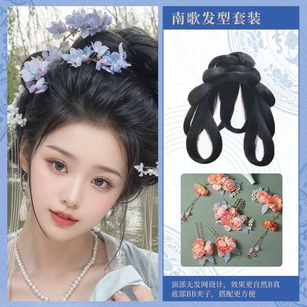 청나라 게게 헤어피스 - 장식용 빵과 끈이 있는 중국 전통 만주 한푸 가발(올인원 클립)