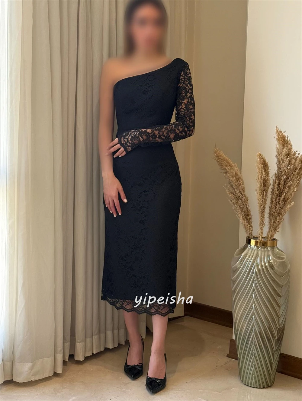 Customized Formal Simple Lace Pleat Ruched Straight One-shoulder Tea Length Dresses Bespoke Occasion Dresses Sizes Available