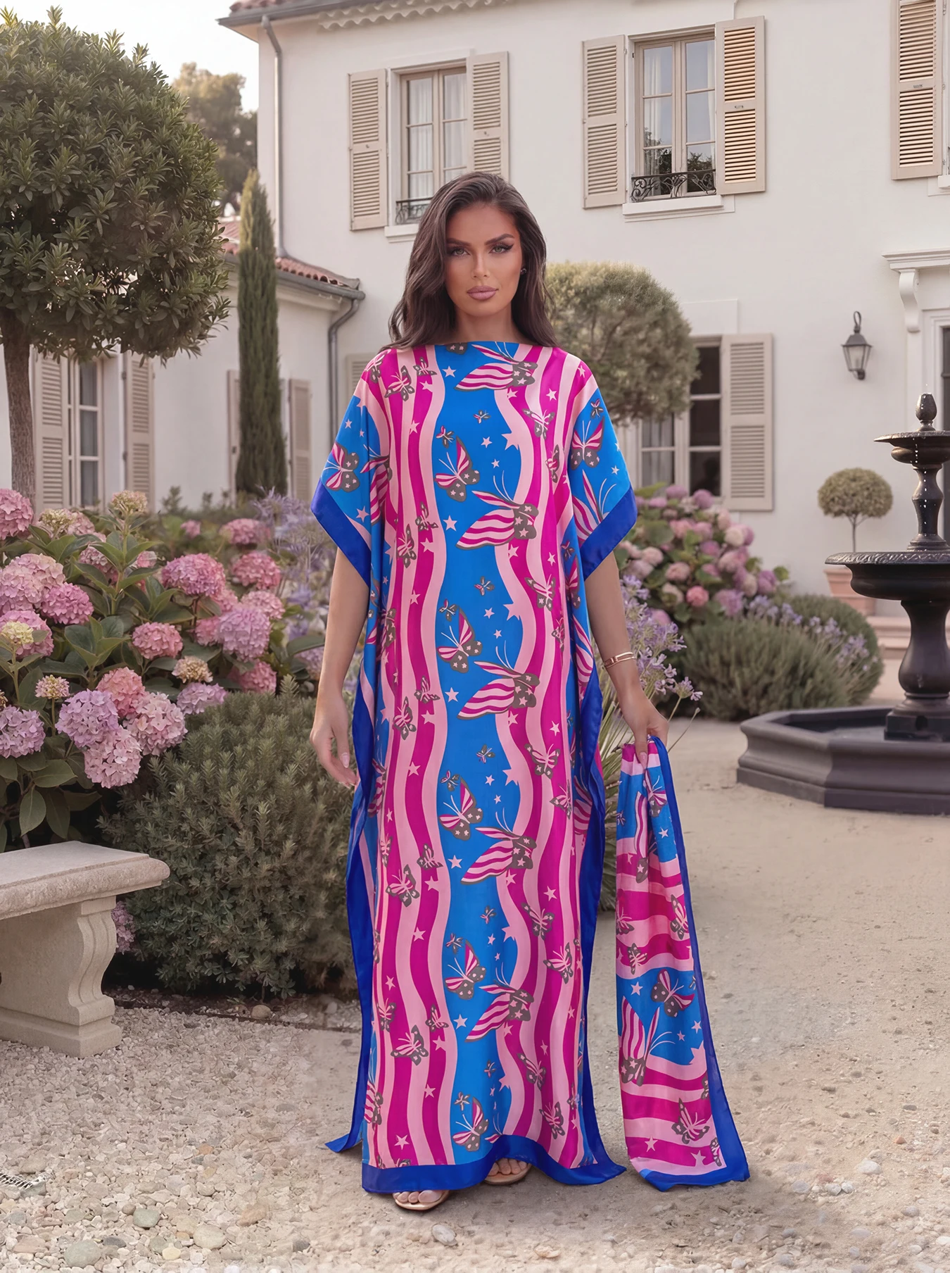 Summer Star Butterfly Firework Print Abaya With Scarf, Loose Maxi Kaftan For African Muslim Women Beach Holiday Wear
