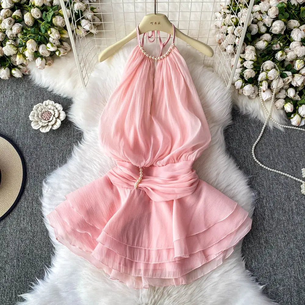 

Y2k Summer Pearl Mini Skirt Halter-neck Backless Puff Dress Cinched Waist Sweet Vacation Skirt Women Wedding Dresses Vestidos