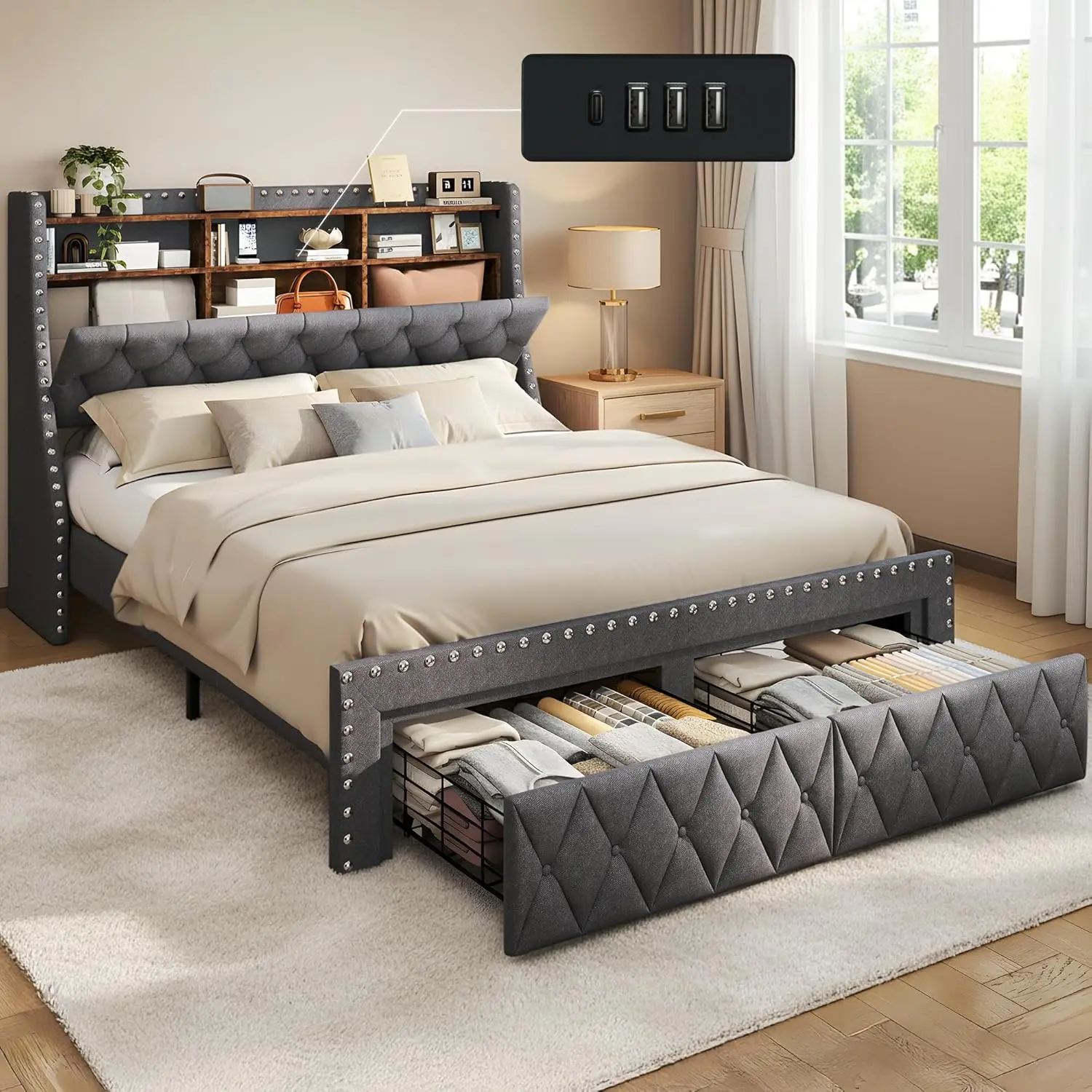 1000LBs Full Bed Frame with 3-Tier Hidden Storage, Upholstered Headboard Bed Frame with 2 Drawers and Charging, Customized