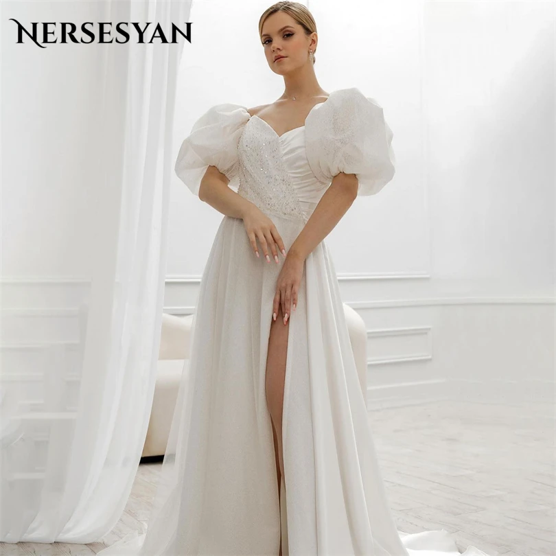 

Nersesyan Stylish Satin Puff Sleeves Bridal Dresses Side Slit A Line Draped Wedding Gown Glitter Sequins Vestidos De Novia 2023