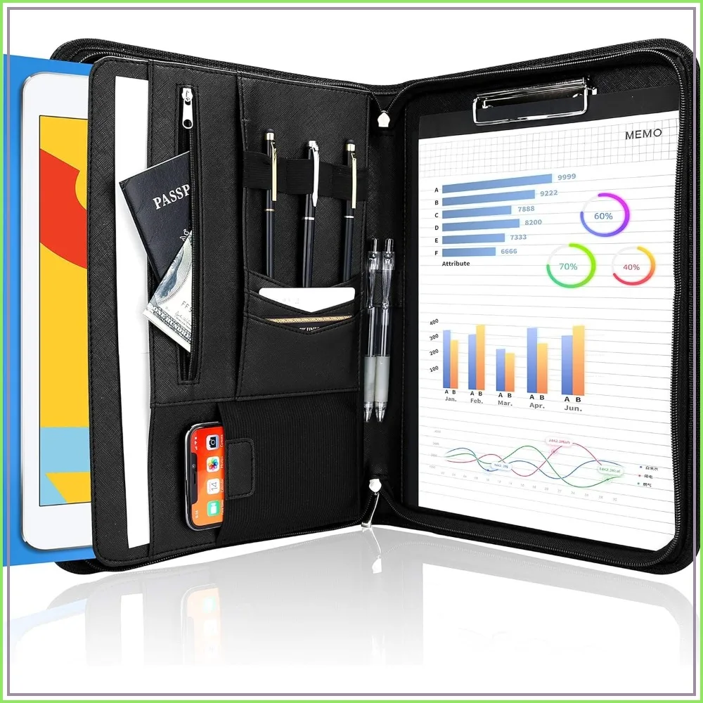 

Business Padfolio Folder with Zipper, Conference Meeting Executive File Legal Document Organizer with Pockets Letter Size A4 Writing Pad Notepad