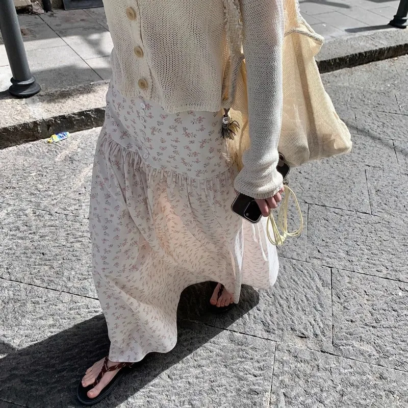 

Broken Flowers French Style A-Line Skirts Spring Summer High Waist Women's Clothing Fresh Printed Fashion Patchwork Long Skirts