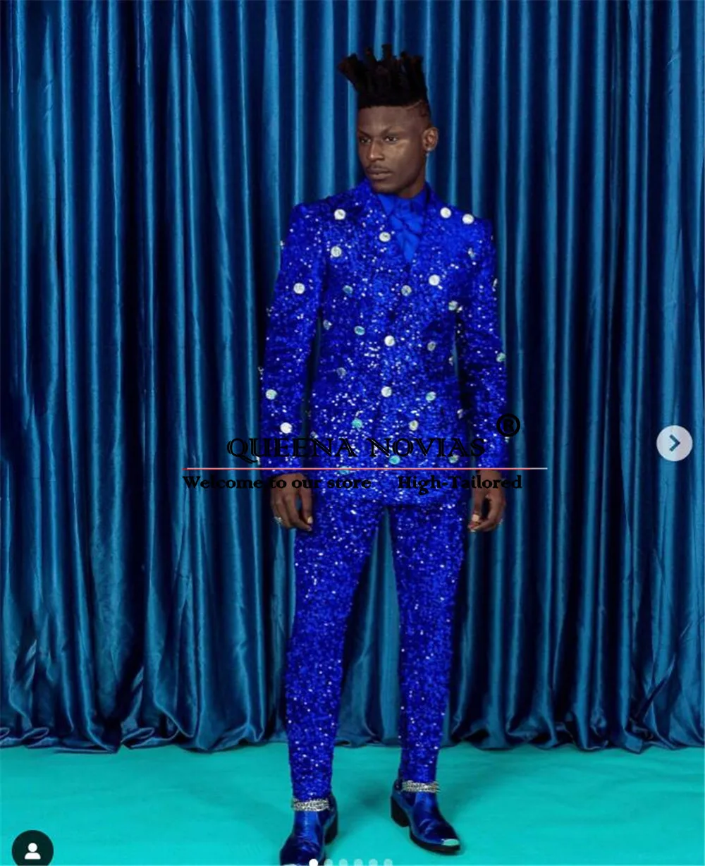 Sparkly Royal Wedding Suits For Men Slim Fit Double Breasted Sequins Jacket Pants 2 Pieces Groom Tuxedos Bespoke Man Marry Dress