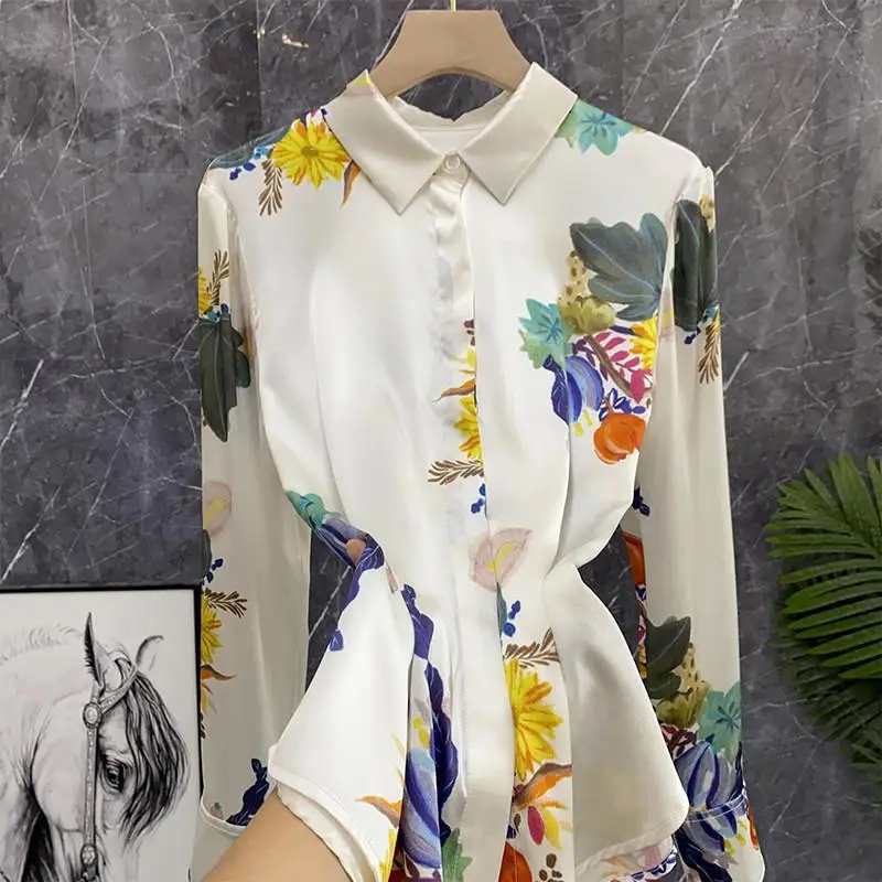 

Imitation Silk Art Vintage Oil Painting Print Satin Simulated Silk Shirt Top Women Camisas De Mujer