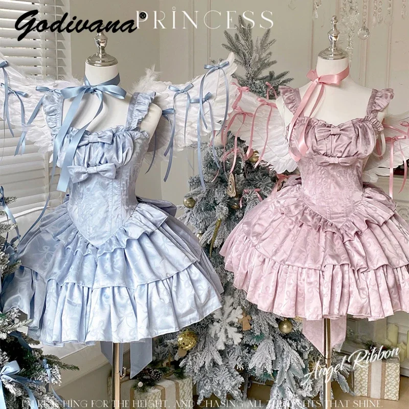 New Fashion Girls Sweet Bow Ribbon Spaghetti Straps Mini Party Dress Lolita Women\'s Sweet Princess Satin Ball Gown Dresses