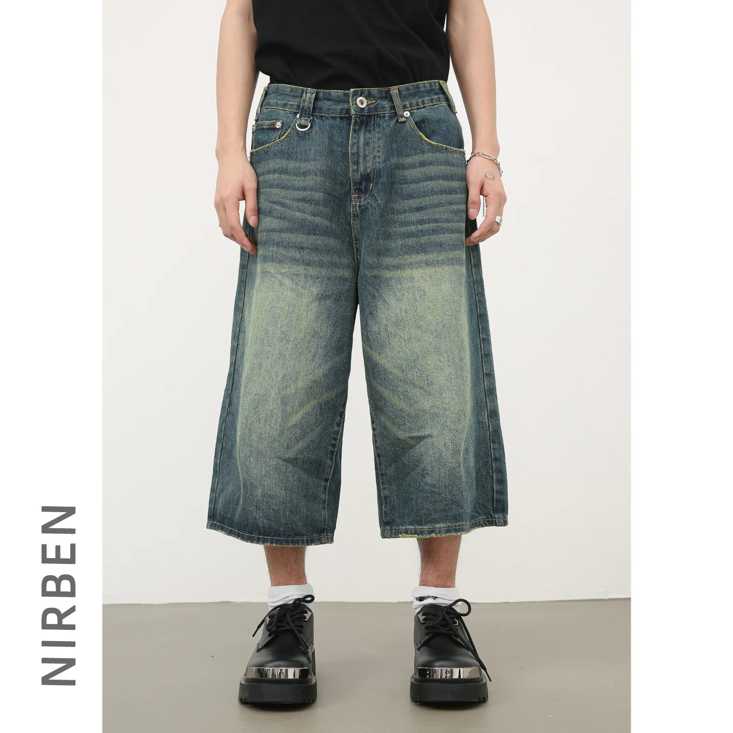 Denim Wide-leg Seven-point Jeans Summer Retro Washed Old Straight Denim Pants Men's Shorts
