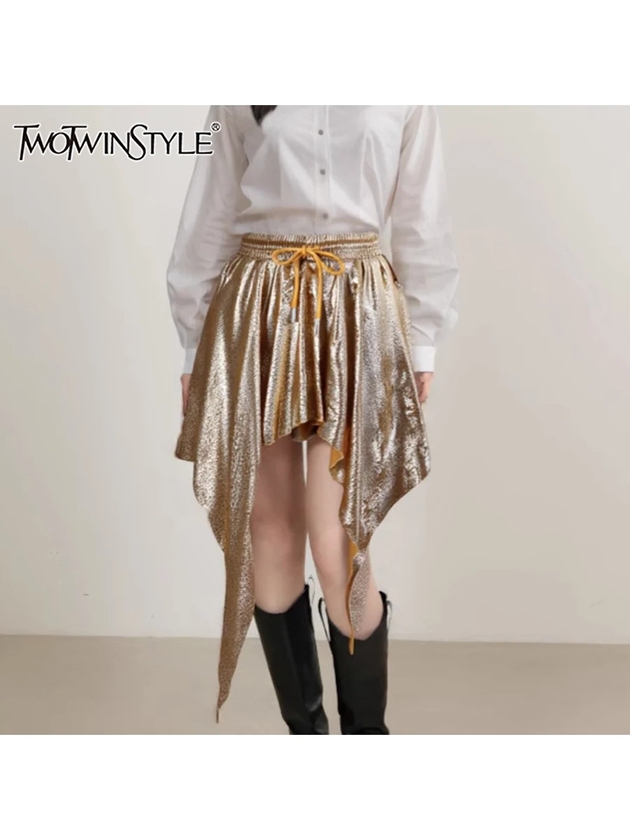 

TWOTWINSTYLE Solid Spliced Lace Up Irregular Skirts For Women High Waist Temperament Mini Skiet Female Fashion Style Clothes New