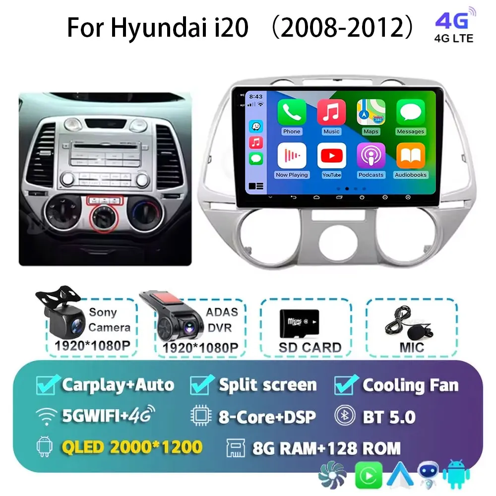 Android 15 Carplay Voor Hyundai i20 2008 2009 2010 2011 2012 Autoradio Stereo Multimedia Video Player WIFI Touchscreen